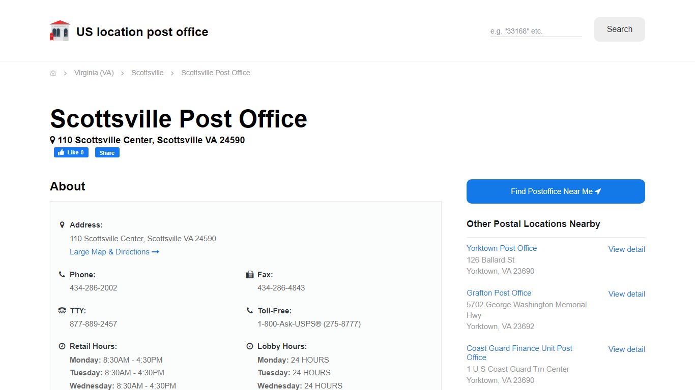 Scottsville Post Office, VA 24590 - Hours Phone Service and Location