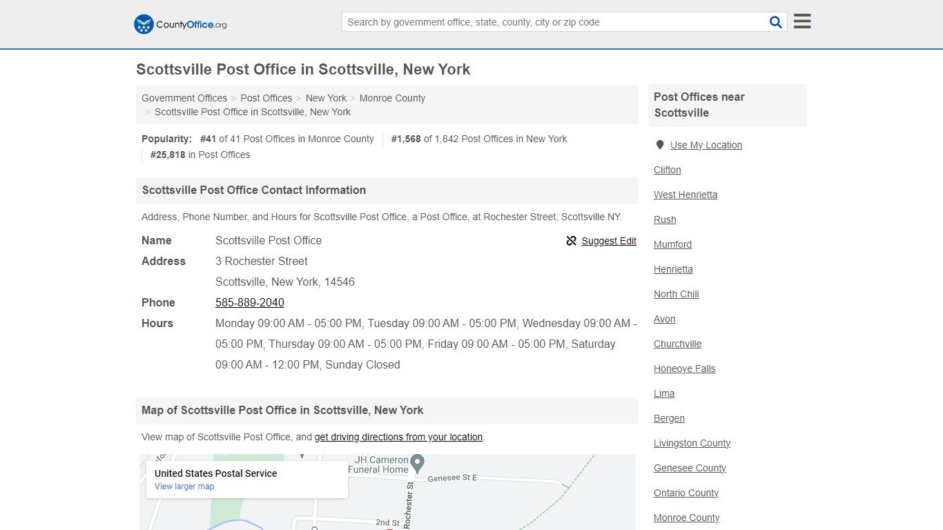 Scottsville Post Office - Scottsville, NY (Address, Phone, and Hours)